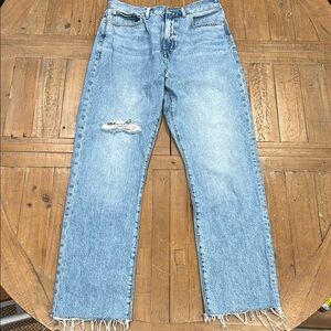 Madewell 90s straight high rise light wash tall length fringed jeans